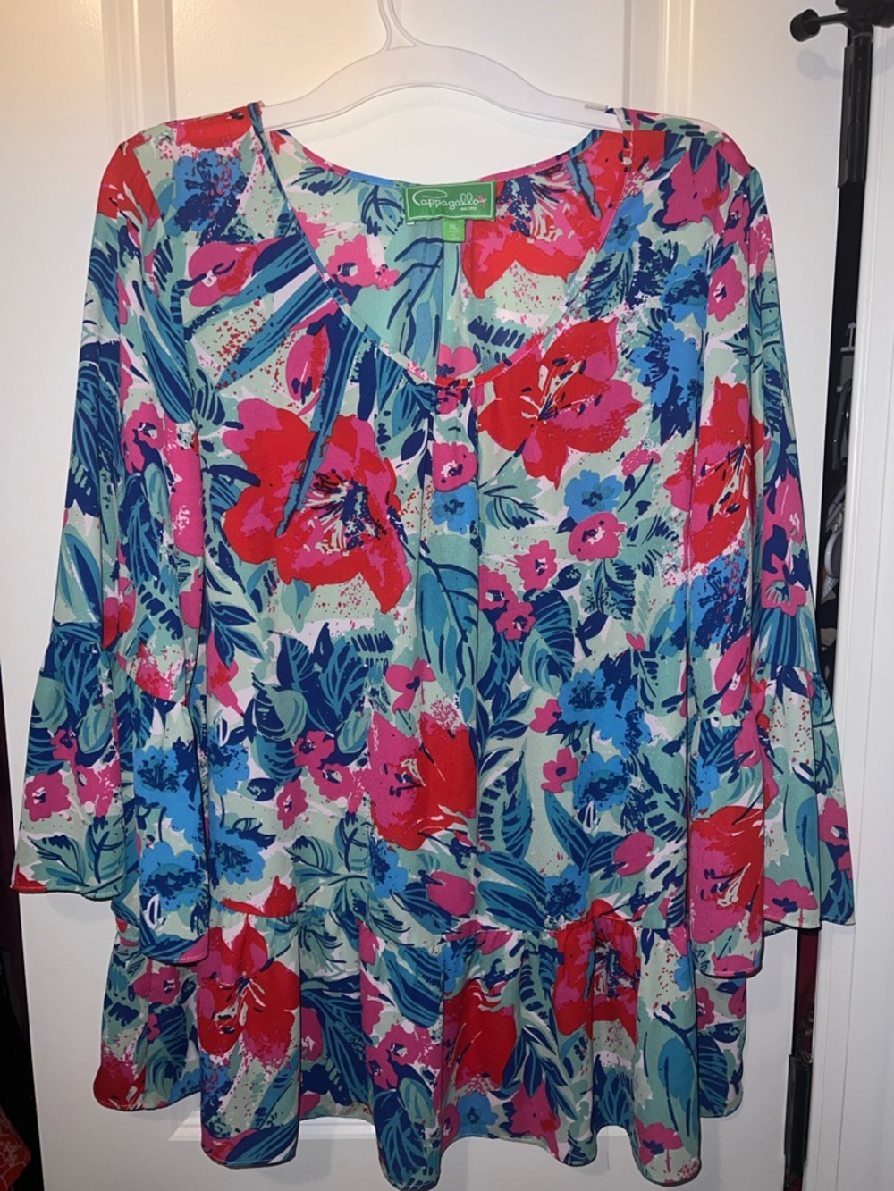 Pappagallo Aqua Multi Floral V-Neck Peplum Tunic top shirt size XL